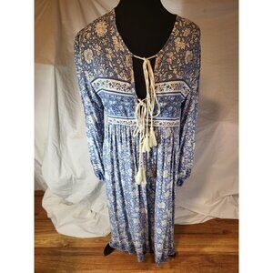 R.YIposha Dress Sz 4 Blue Floral Long Sleeves Tie Tassel Front Bohemian Flowy‎